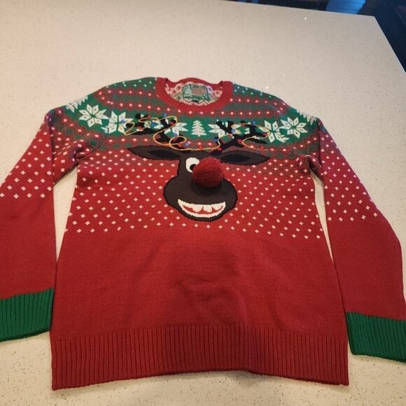 Ugly Christmas Sweater Reindeer Rudolph Red Nose Mens L Embroidered - Picture 1 of 7